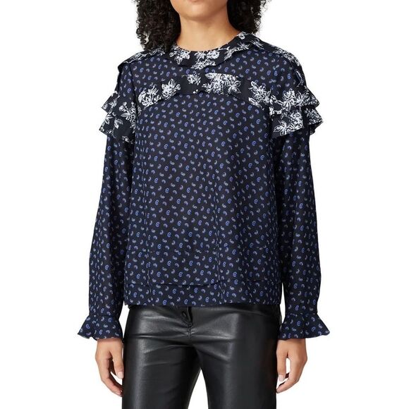 Jason Wu Paisley Ruffle Top Navy Satin sz 4 - Picture 2 of 9